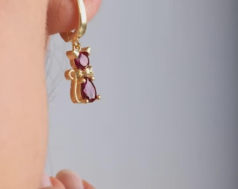 Cat Birthstone Earrings Drop Personalized Birthstone Dangle Cat Earrings Silver Birthstone Cat Earrings Drop Gold Mystic Topaz Earrings