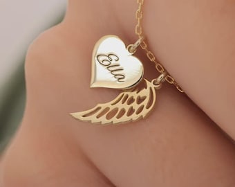Heart Name Necklace with Angel Wing, Christmas Gift, Personalized Angel Wing Heart Necklace, Memorial Necklace, Engraved Heart Necklace