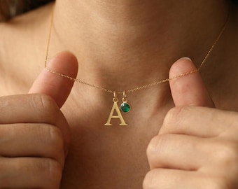 Personalized Birthstone Initial Necklace with Satellite Chain, Gold Letter Necklace, Birthstone Jewellery, Womens Necklace, Christmas Gift