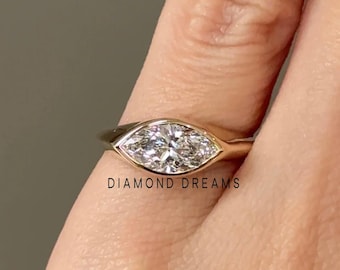 14K Solid Gold Marquise Lab Diamond Pinky Ring, Bezel Set Solitaire Engagement Ring