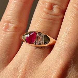 Anillo Toi et Moi de rubí y diamante, anillo de dos piedras con rubí en forma de pera y diamante talla esmeralda, anillo grueso de oro con piedras preciosas, anillo de boda de oro auténtico de 14 quilates.