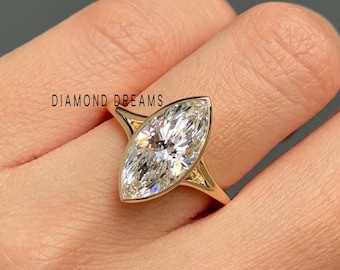 Marquise Cut Lab Grown Diamond Split Shank Bezel Set Wedding Ring, 14K Real Gold Engagement Ring,  Eco Friendly Diamond Solitaire Ring