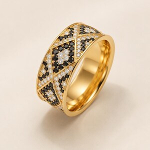Black & White Geometric Lab Grown Diamond Wedding Band, Wide Pavé Diamond Ring, Art Deco Anniversary Band, 14K Yellow Gold Statement Ring image 10