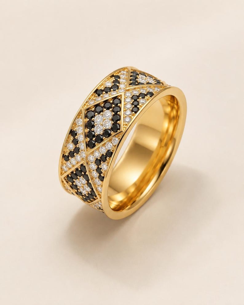 Black & White Geometric Lab Grown Diamond Wedding Band, Wide Pavé Diamond Ring, Art Deco Anniversary Band, 14K Yellow Gold Statement Ring image 10