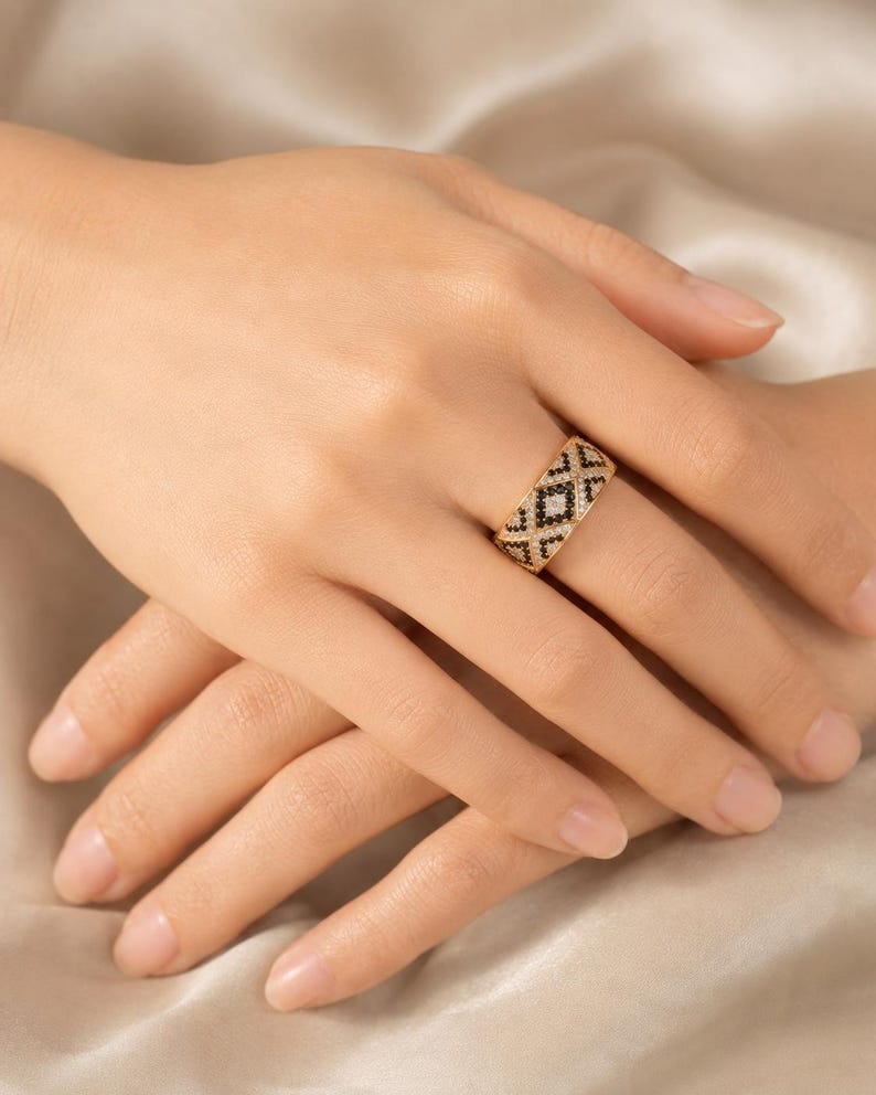 Black & White Geometric Lab Grown Diamond Wedding Band, Wide Pavé Diamond Ring, Art Deco Anniversary Band, 14K Yellow Gold Statement Ring image 5