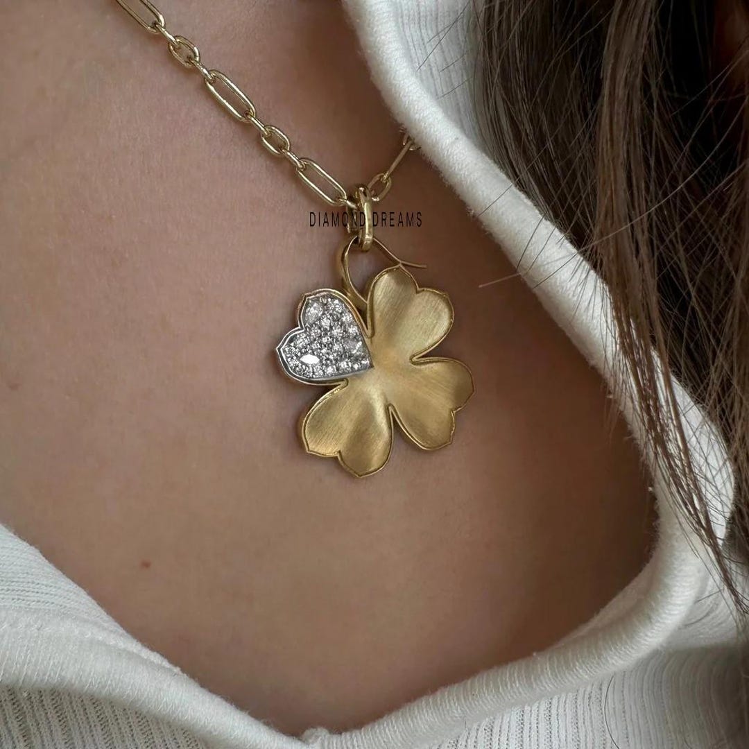 Diamond Clover Charm, Lucky Clover Pendant, 14K Solid Gold Charm, Lab ...
