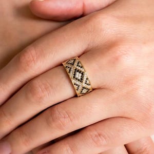 Black & White Geometric Lab Grown Diamond Wedding Band, Wide Pavé Diamond Ring, Art Deco Anniversary Band, 14K Yellow Gold Statement Ring image 8