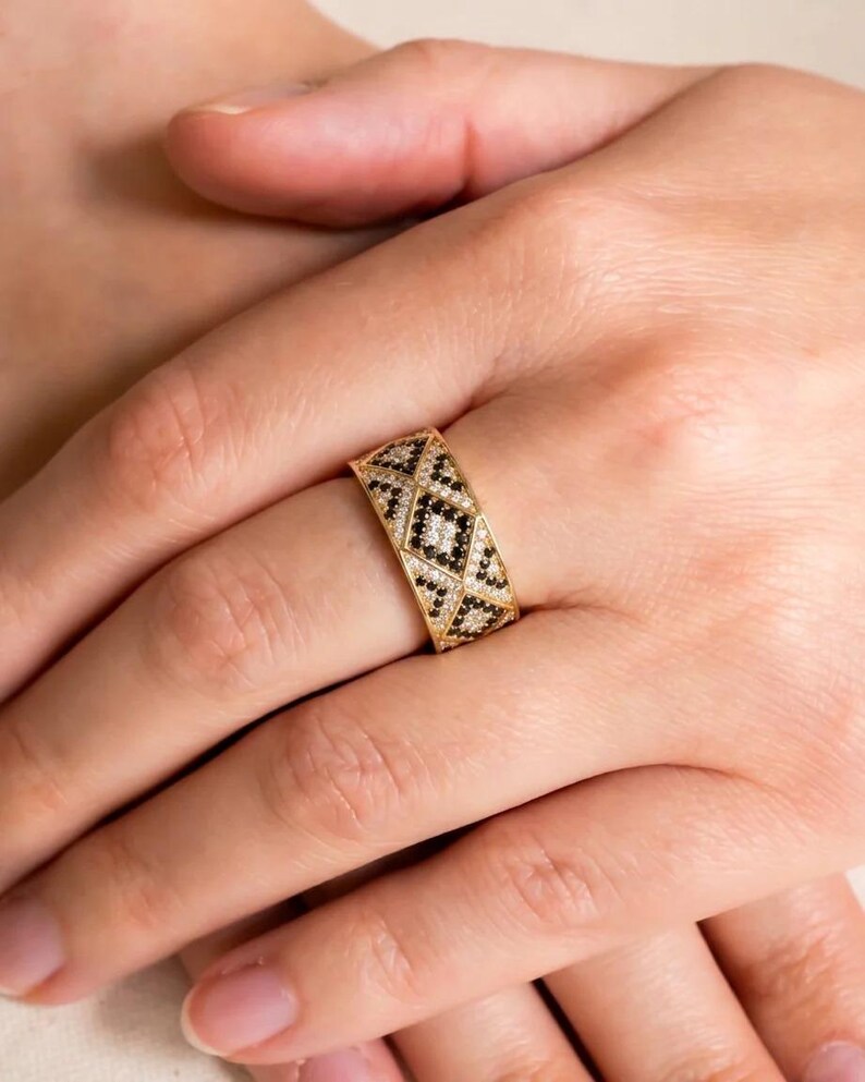 Black & White Geometric Lab Grown Diamond Wedding Band, Wide Pavé Diamond Ring, Art Deco Anniversary Band, 14K Yellow Gold Statement Ring image 8