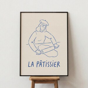 French Baker Poster, La Patissier Print, Blue Line Art Wall Decor, Kitchen Art, Minimalist Cooking Illustration