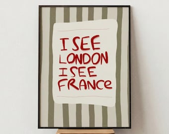 Impresión tipográfica "Veo Londres, veo Francia", póster con cita humorística, arte mural rojo y beige, decoración para sala de estar y dormitorio, regalo minimalista moderno.