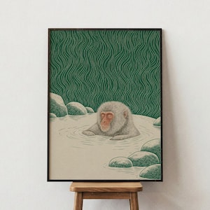 Stampa di una scimmia delle nevi giapponese in un onsen, arte murale in stile xilografia vintage, poster di una sorgente termale con macaco verde, decorazione zen giapponese per la casa