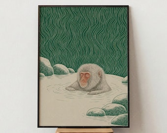 Japanese Snow Monkey Onsen Print, Vintage Woodblock Style Wall Art, Green Macaque Hot Spring Poster, Zen Japandi Home Decor