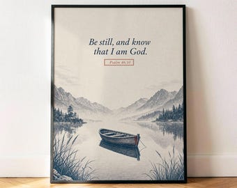 Salmo 46:10 - Póster "Estad quietos", lámina decorativa vintage azul marino con versículo bíblico para pared.