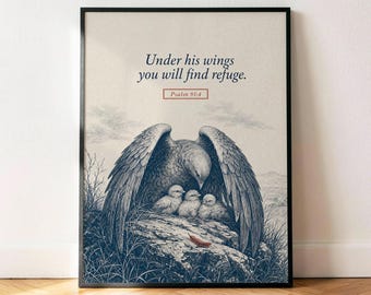 Póster del Salmo 91:4 "Bajo sus alas", lámina decorativa vintage azul marino con versículo bíblico para pared.