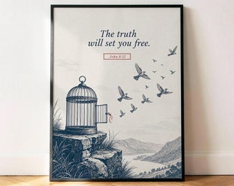 Póster de Juan 8:32: Conoce la verdad, lámina decorativa vintage azul marino con versículo bíblico para pared.