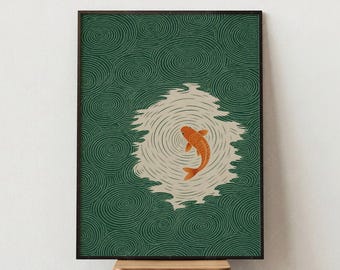 Póster japonés de peces koi, arte mural de olas verdes, lámina de carpa naranja, decoración del hogar de inspiración asiática, arte mural zen, lámina de arte japonés vintage
