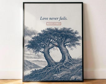 Póster de 1 Corintios 13:8: El amor nunca falla, lámina decorativa de pared con versículo bíblico vintage azul marino.