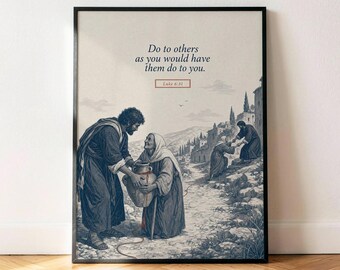 Lucas 6:31 El póster de la Regla de Oro, lámina decorativa vintage azul marino con versículo bíblico para pared.
