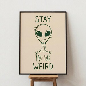 May include: A framed art print featuring a green alien illustration with the words "STAY WEIRD" in green lettering. The alien has large black eyes and a slender body. The background is a light beige color.