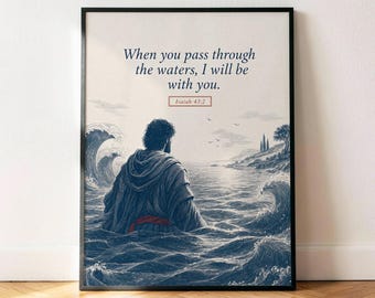 Isaías 43:2 Póster "A través de las aguas", lámina decorativa vintage azul marino con versículo bíblico para pared.