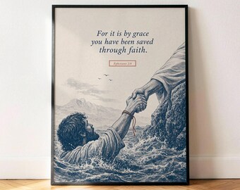 Póster de Efesios 2:8: Salvados por Gracia, lámina decorativa vintage azul marino con versículo bíblico para pared.