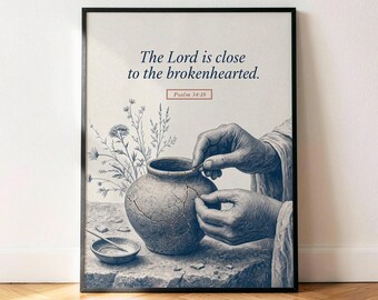 Salmo 34:18 Póster "Cerca de los corazones quebrantados", lámina decorativa de pared con versículo bíblico vintage azul marino