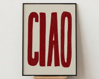 Impresión de Ciao, póster tipográfico rojo, arte de palabras italiano, arte mural minimalista moderno, decoración de sala de estar