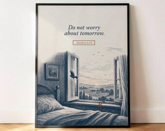 Mateo 6:34 No te preocupes por el mañana. Póster, lámina decorativa con versículo bíblico azul marino.