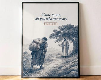 Mateo 11:28 Póster "Todos los que están cansados", lámina decorativa vintage azul marino con versículo bíblico para pared