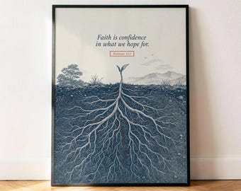 Hebreos 11:1 Póster La fe es confianza, lámina decorativa de pared con versículo bíblico vintage azul marino