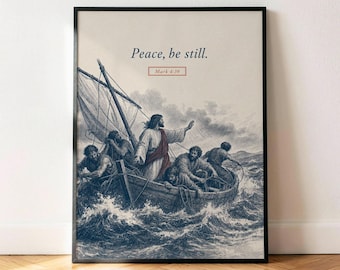 Marcos 4:39 Paz, cálmate, Jesús. Póster, lámina decorativa vintage azul marino con versículo bíblico para pared.