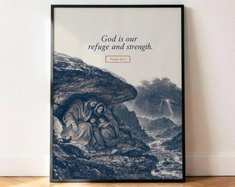 Salmo 46:1 - Póster "Dios es nuestro refugio", lámina decorativa vintage azul marino con versículo bíblico para pared.