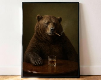 Póster de Last Call Bear, arte de pared para bar de whisky, estampado animal divertido de estilo Dark Academia, decoración vintage de retratos de cigarros, regalo para cueva de hombre