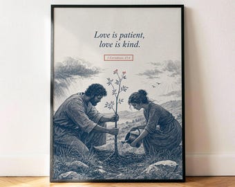 Póster de 1 Corintios 13:4 "El amor es paciente", lámina decorativa de pared con versículo bíblico vintage azul marino.