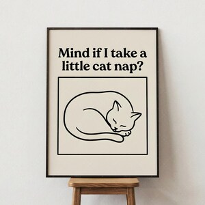 May include: A framed print featuring a minimalist black and white illustration of a curled-up sleeping cat. The text above the cat reads, "Mind if I take a little cat nap?" The artwork is set against a cream-colored background.