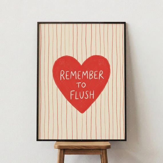 Remember To Flush Print, Funny Bathroom Wall Art, Red Heart Typography Poster, Humorous Bathroom Decor, Toilet Sign, Modern Home Art Print