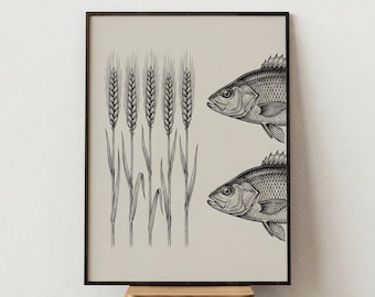 Impresión vintage de pescado y trigo, arte náutico para pared de cocina, póster botánico en blanco y negro, decoración rústica