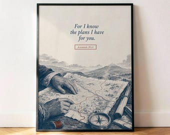 Póster de Jeremías 29:11 "Yo conozco los planes", lámina decorativa de pared con versículo bíblico vintage azul marino.