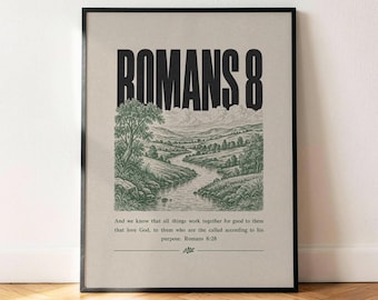 Póster de Romanos 8:28, Arte mural con versículo bíblico, Estampado "Todas las cosas obran juntas", Decoración con versículo bíblico sobre el río, Regalo cristiano