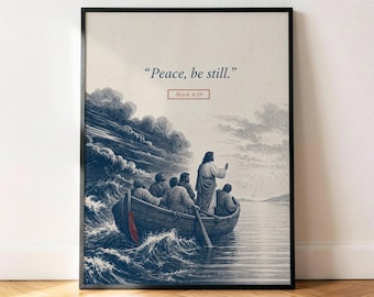 Póster de Marcos 4:39 "Paz, quietud", lámina decorativa vintage azul marino con versículo bíblico para pared.