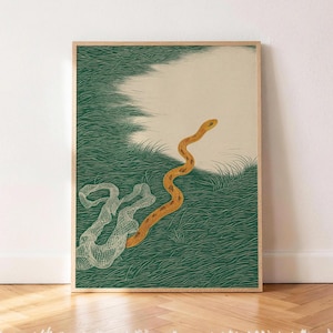 May include: A framed art print featuring a golden-brown snake with dark spots moving across a field of dark green grass. The snake is emerging from its own translucent, shed skin, which lies in a textured, net-like pile on the grassy surface.