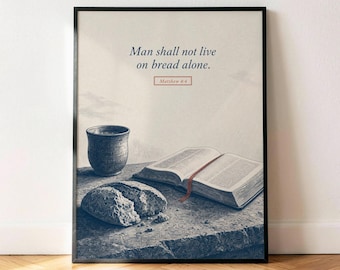 Mateo 4:4 No solo de pan vivirá el hombre. Póster, lámina decorativa vintage azul marino con versículo bíblico para pared.