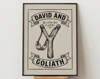 David And Goliath Religious Wall Art, Biblical Inspirational Quote Poster, Christian Faith Home Decor