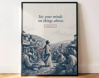 Colosenses 3: Dos cosas arriba (Póster), lámina decorativa de pared con versículo bíblico vintage azul marino