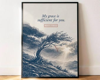 Póster de 2 Corintios 12:9 "Mi gracia es suficiente", lámina decorativa con versículo bíblico azul marino para pared.