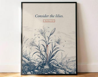 Póster de Mateo 6:28: Considera los lirios, lámina decorativa vintage azul marino con versículo bíblico para pared.