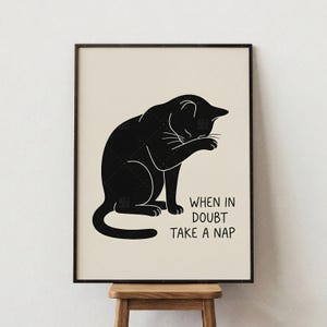May include: Black and white framed art print featuring a black cat grooming itself. The artwork includes the text "WHEN IN DOUBT TAKE A NAP" in a simple, modern font. The print is displayed on a light beige background.