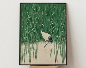 Japanischer Kranich Print, Vintage Grüne Botanische Wandkunst, Roter Kranich Poster, Asiatisches Vogelschilf Holzschnitt, Zen Wohnkultur