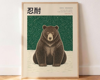 Endurance Bear Poster, Japanese Wall Art, Grizzly Bear Print, Vintage Engraving Decor, Cabin Wall Decor Gift