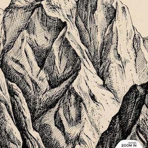 Climb On Mountain Print texture detail closeup showing intricate black ink cross-hatching technique, vintage mountain illustration with dramatic shading and detailed line work on beige paper